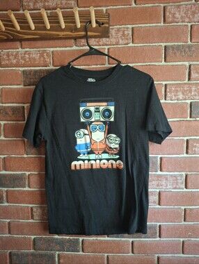 Black Minions Graphic Tee with Retro Boombox Print